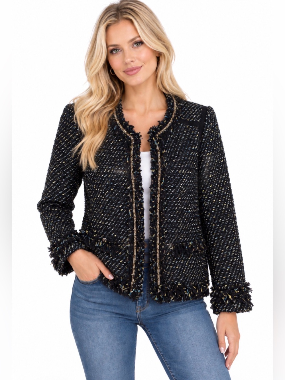 McGinn Textured Boucle Tweed Blazer Jacket Open Front Wool Blend Navy Size 8